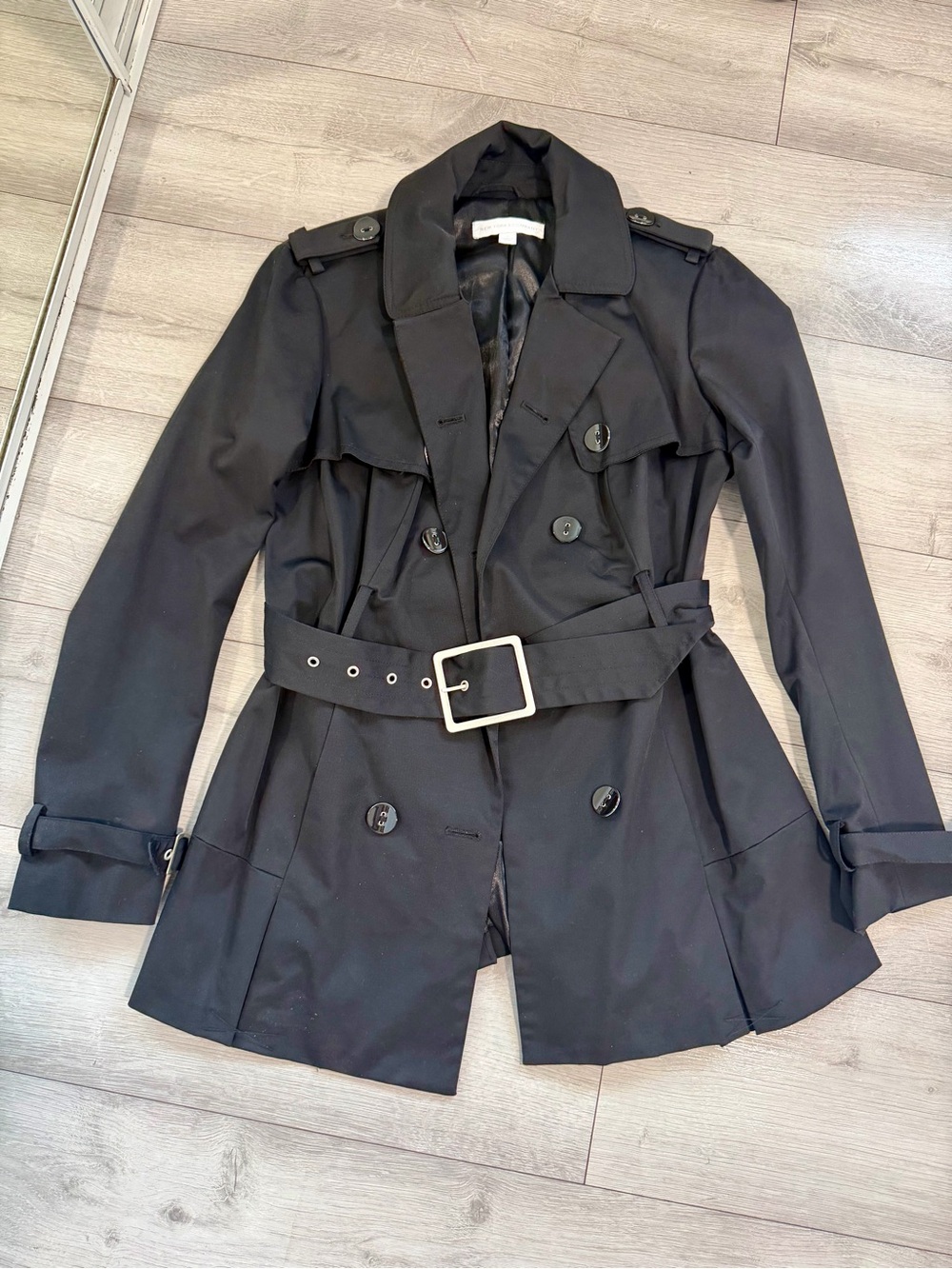 New York & Company Black Double-Breasted Trench with Belt